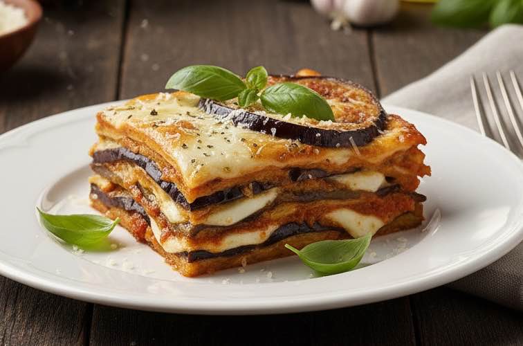 Parmigiana Siciliana Rezept – Authentische sizilianische Auberginen-Auflauf 3 Parmigiana Siciliana ein Stück auf den Teller