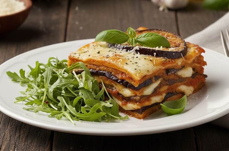 Parmigiana Siciliana Rezept – Authentische sizilianische Auberginen-Auflauf 4 Parmigiana Siciliana mit Rucolasalat angeichtet