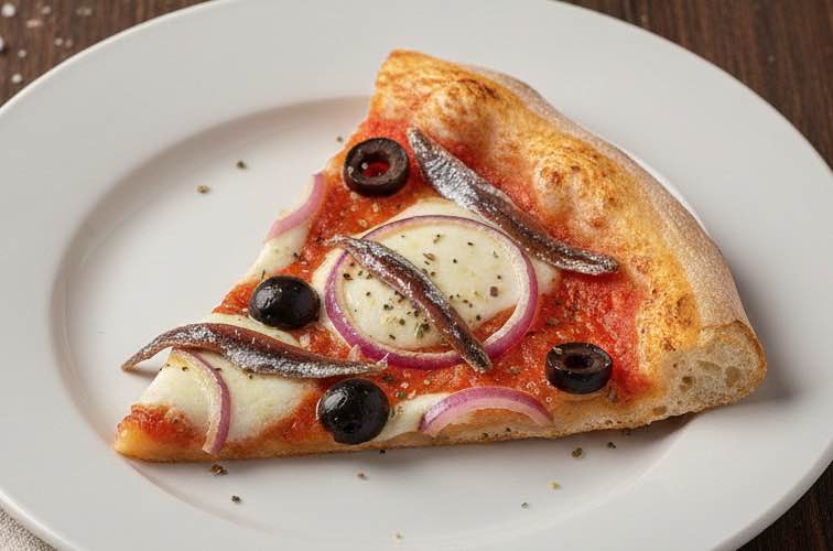 Pizza Pugliese – Originalrezept aus Apulien 4 Pizza Pugliese mit Anchovis belegt