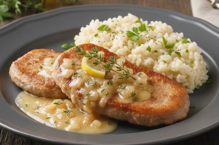 Scaloppine al Vino Bianco – Ein Klassiker der italienischen Küche 4 Scaloppine al Vino Bianco mit Risotto angerichtet