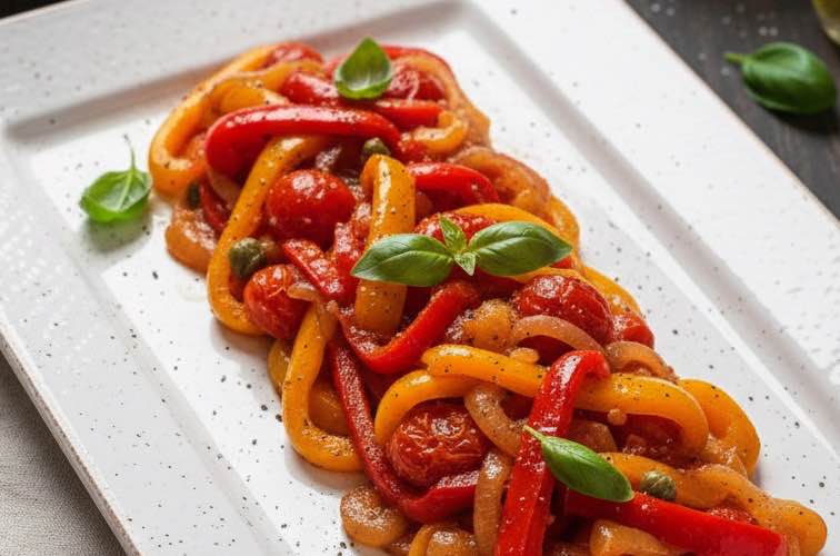 Sizilianische Peperonata – Peperonata alla Siciliana mit süß-saurer Tiefe 3 Sizilianische Peperonata auf einer Platte angerichtet