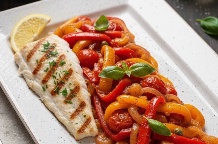 Sizilianische Peperonata – Peperonata alla Siciliana mit süß-saurer Tiefe 4 Sizilianische Peperonata mit gegrilltem Fisch serviert