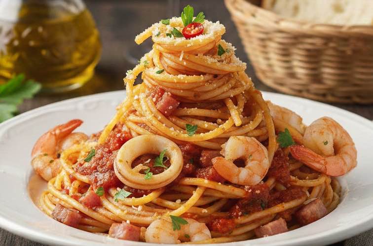Spaghetti alla Americiana – Ein Stück italienische Küche mit amerikanischem Twist 4 Spaghetti alla Americiana mit Meeresfrüchten angerichtet