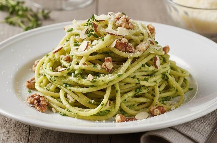 Spaghetti alla Crema di Porro – Cremige Pasta aus Italien 4 Spaghetti alla Crema di Porro mit Nüssen angerichtet