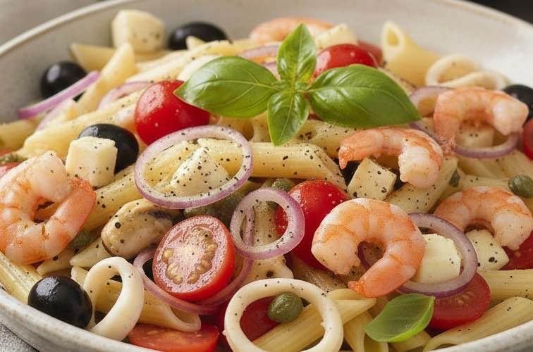 Toskanischer Nudelsalat – Insalata di Pasta alla Toscana 4 Toskanischer Nudelsalat mit Meeresfrüchten angerichtet