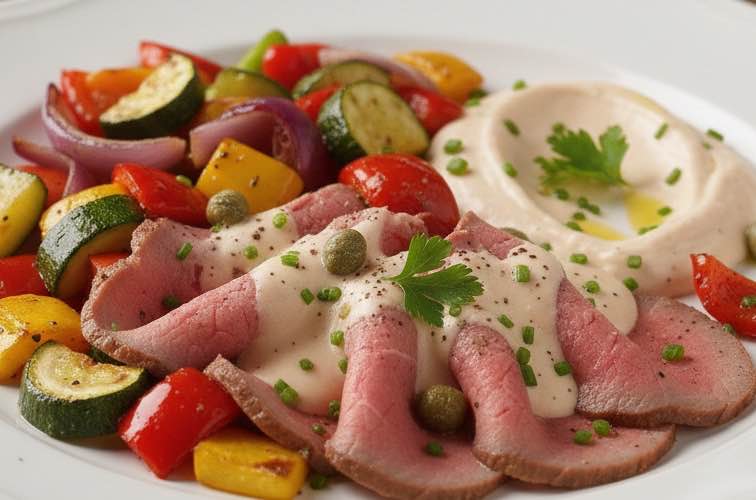 Vitello Salmonato – Das elegante italienische Kalbfleischgericht 4 Vitello Salmonato mit geröstetem Gemüse angeichtet